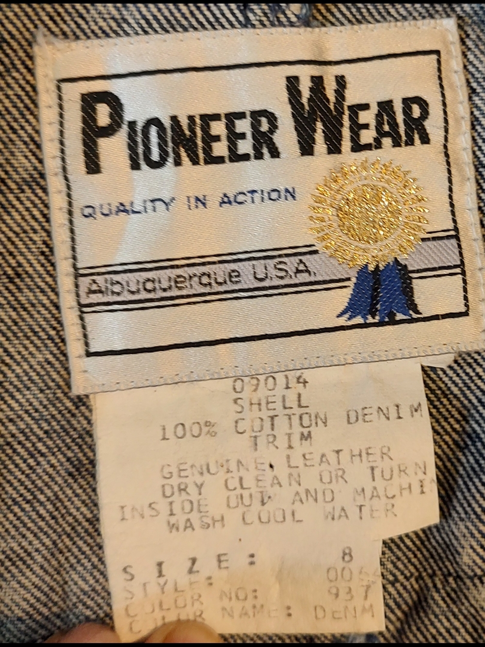 PIONEER WEAR Vintage Denim Trench Coat with Leather Thunderbird SZ 8 - Picture 7 of 8